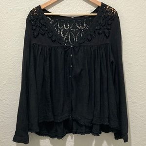Free People Lace Top With Gold Bead Detail Flowy Black Button-up Blouse, size M